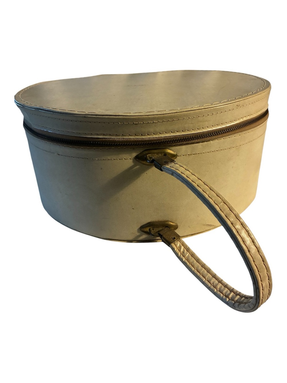 Storage Hat Box Vintage Cream Round Top-Handle Travel Case Bag W/ Metal Hardware